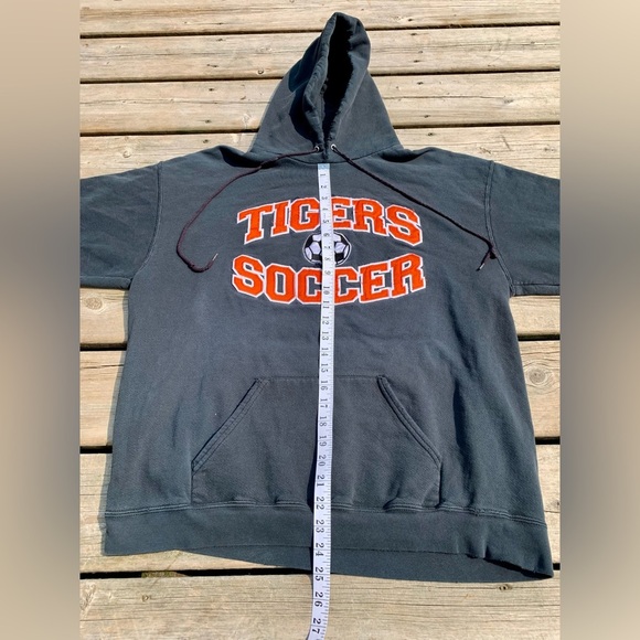 💛 Vintage 90s Lettermen Sports Tigers Soccer Black Hoodie Size Large Thrashed - Picture 7 of 10